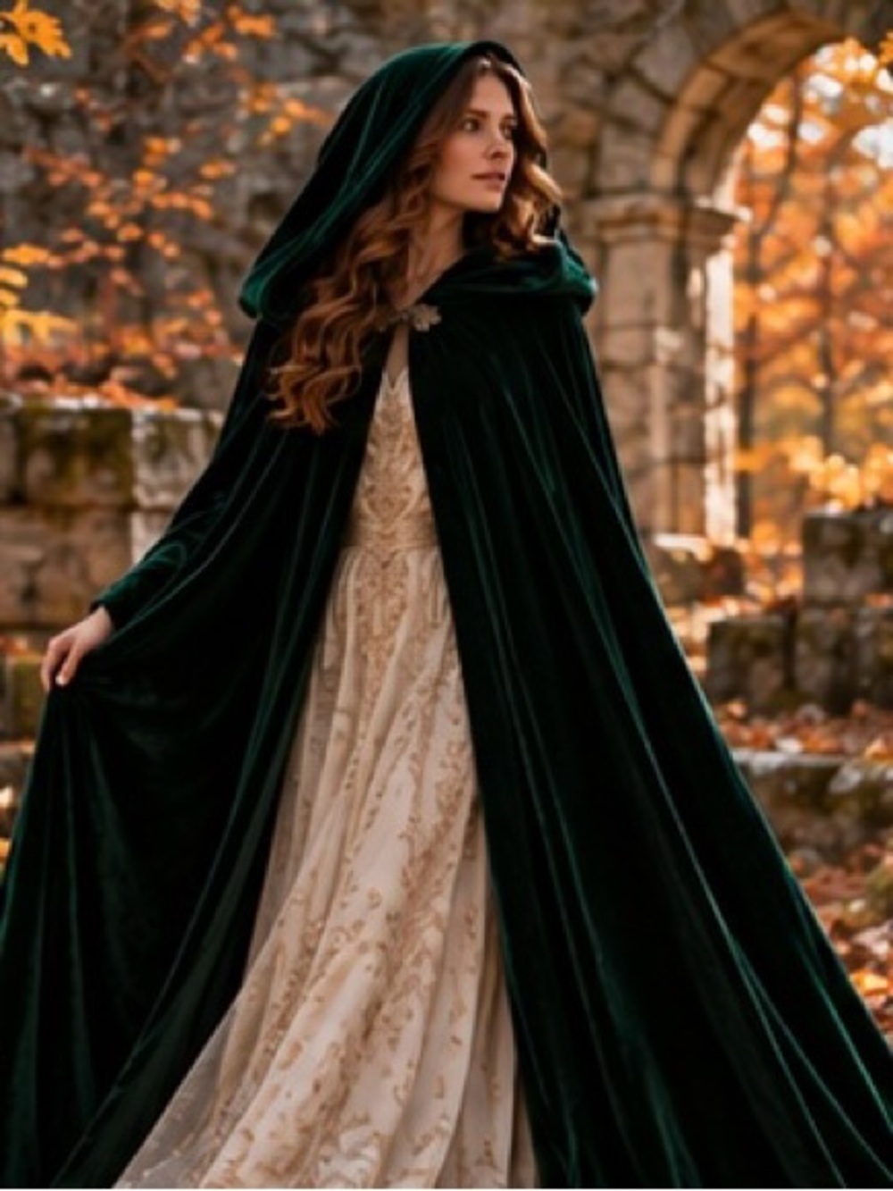 Luxury Emerald Green Velvet Hooded Cloak Cape Full Circle 54” Long Gothic